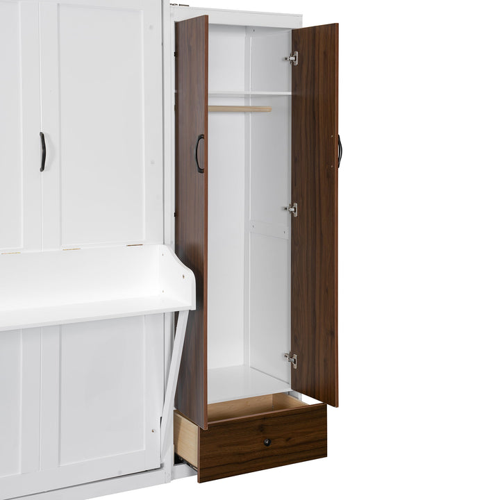 Queen Size Murphy Bed Wall Bed with Closet ,Drawers and Table,White