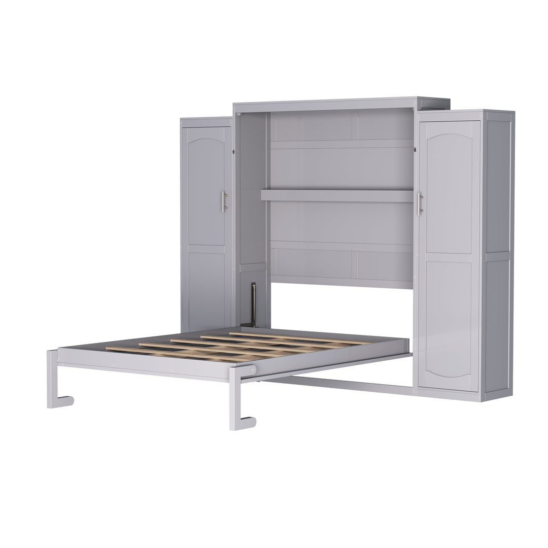 Full Size Murphy Bed, Wooden Full Wall Bed with 2 Wardrobe and Storage Shelf, Multifunctional Foldable Platform Bedframe for Guest-Room, Bedroom, Gray