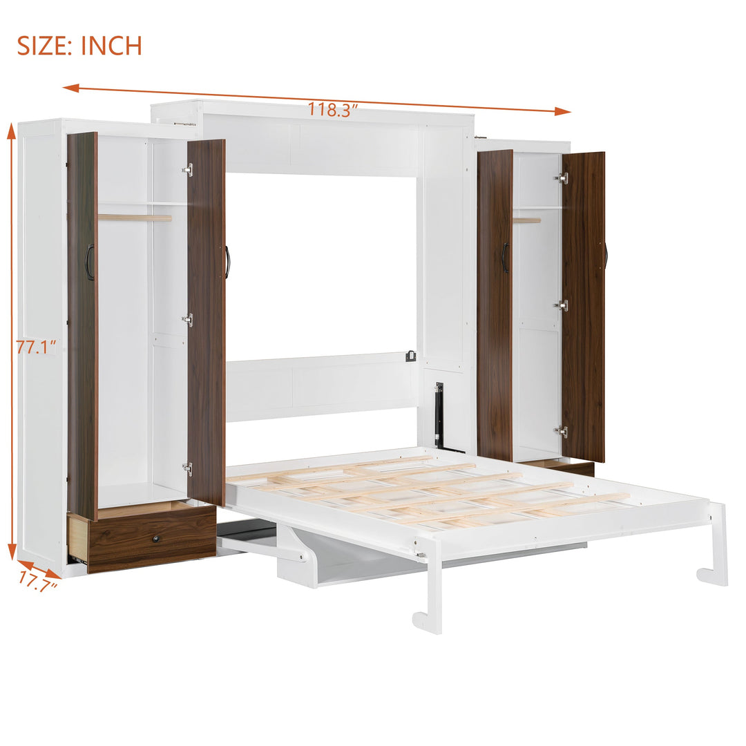 Queen Size Murphy Bed Wall Bed with Closet ,Drawers and Table,White
