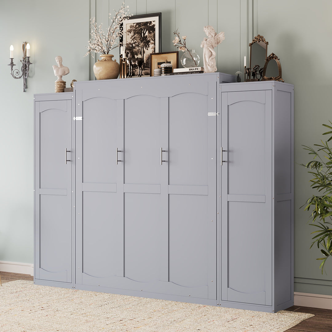 Full Size Murphy Bed, Wooden Full Wall Bed with 2 Wardrobe and Storage Shelf, Multifunctional Foldable Platform Bedframe for Guest-Room, Bedroom, Gray