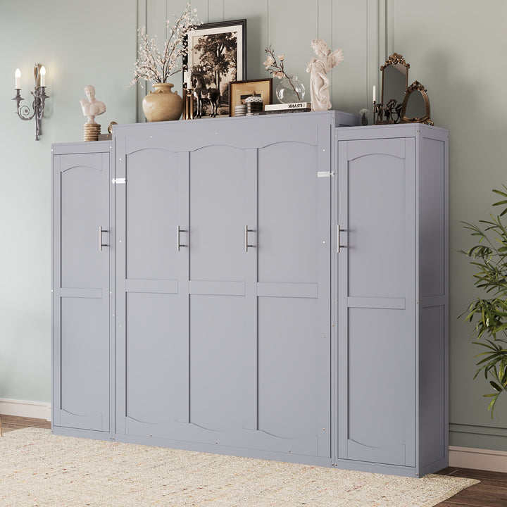 Full Size Murphy Bed, Wooden Full Wall Bed with 2 Wardrobe and Storage Shelf, Multifunctional Foldable Platform Bedframe for Guest-Room, Bedroom, Gray
