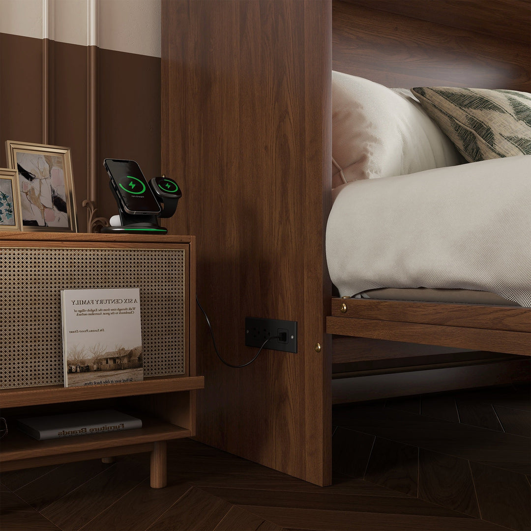 Queen Size Murphy Bed, Pine Wood Cabinet Bed with Power Station and Rattan Decoration Panel,Walnut