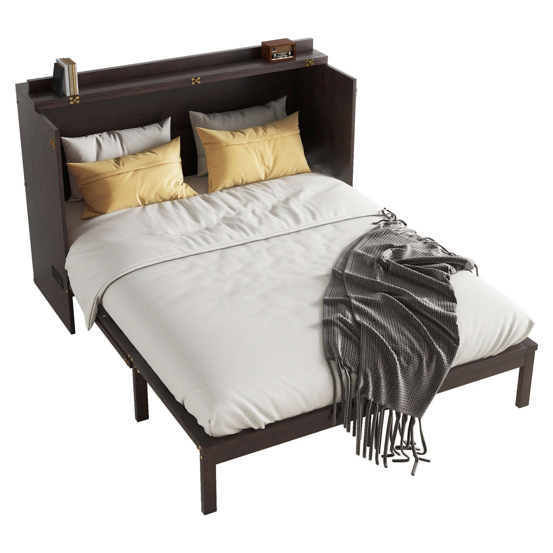 Queen Size Murphy Bed, Pine Wood Cabinet Bed with Power Station and Rattan Decoration Panel,Espresso