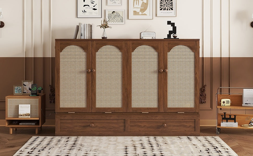 Queen Size Murphy Bed, Pine Wood Cabinet Bed with Power Station and Rattan Decoration Panel,Walnut