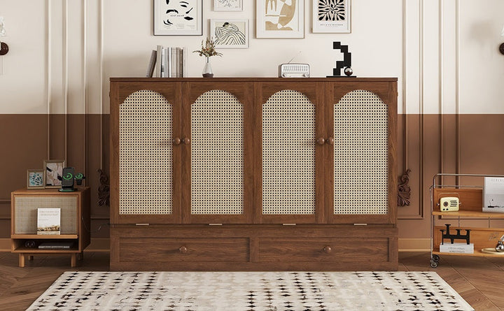 Queen Size Murphy Bed, Pine Wood Cabinet Bed with Power Station and Rattan Decoration Panel,Walnut