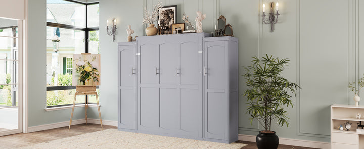 Full Size Murphy Bed, Wooden Full Wall Bed with 2 Wardrobe and Storage Shelf, Multifunctional Foldable Platform Bedframe for Guest-Room, Bedroom, Gray