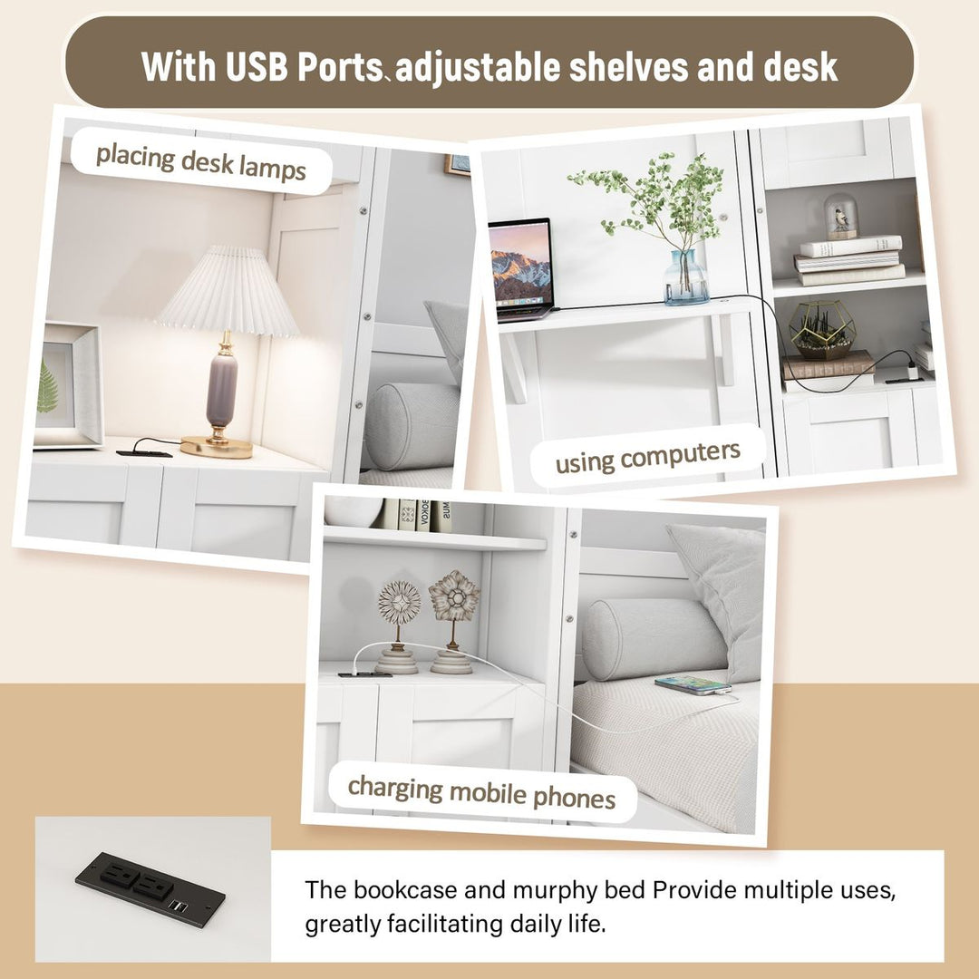Full Size Murphy Bed with 2 Side Cabinet Storage Shelves, 61.5-inch Cabinet Bed Folding Wall Bed with Desk Combo Perfect for Guest Room, Study, Office,White(old sku:BS7013008109C)