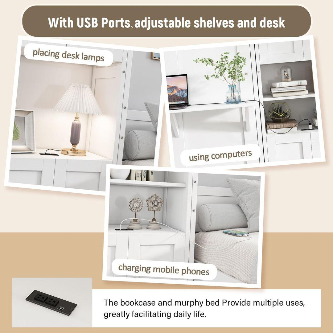 Queen Size Murphy Bed with 2 Side Cabinet Storage Shelves, 68-inch Cabinet Bed Folding Wall Bed with Desk Combo Perfect for Guest Room, Study, Office,White(old sku:BS7013008104C)