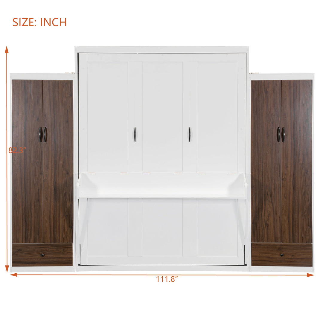 Full Size Murphy Bed Wall Bed with Closet ,Drawers and Table,White