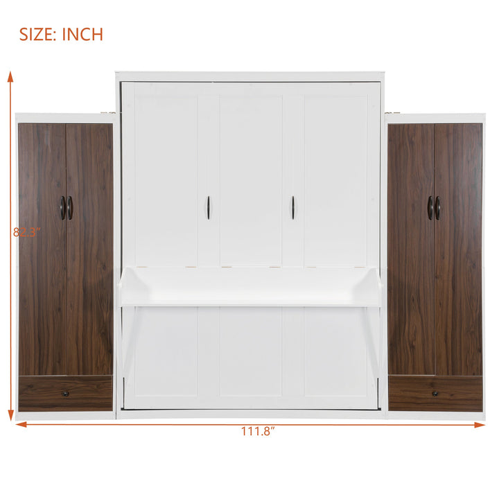 Full Size Murphy Bed Wall Bed with Closet ,Drawers and Table,White