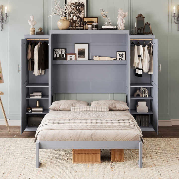 Full Size Murphy Bed, Wooden Full Wall Bed with 2 Wardrobe and Storage Shelf, Multifunctional Foldable Platform Bedframe for Guest-Room, Bedroom, Gray