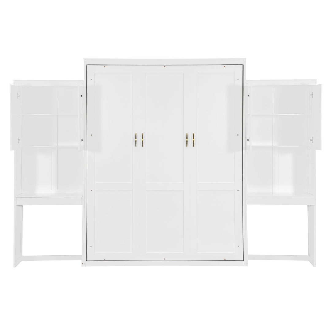 Queen Size Murphy Bed with Desk, Vanity and Cabinets, White