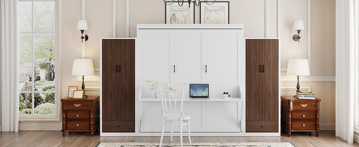 Queen Size Murphy Bed Wall Bed with Closet ,Drawers and Table,White