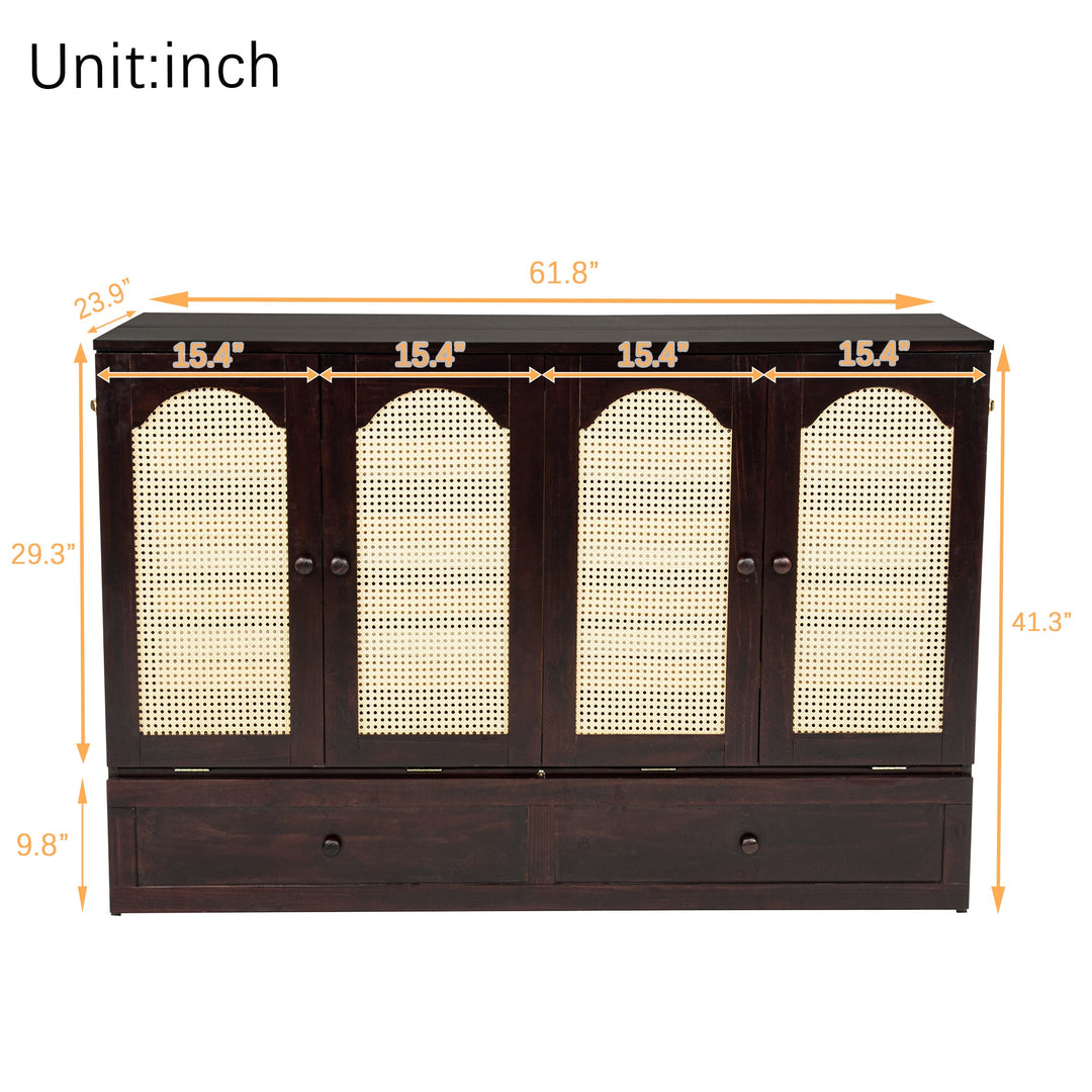 Queen Size Murphy Bed, Pine Wood Cabinet Bed with Power Station and Rattan Decoration Panel,Espresso