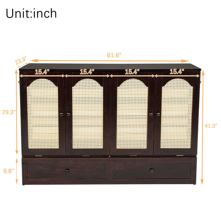 Queen Size Murphy Bed, Pine Wood Cabinet Bed with Power Station and Rattan Decoration Panel,Espresso
