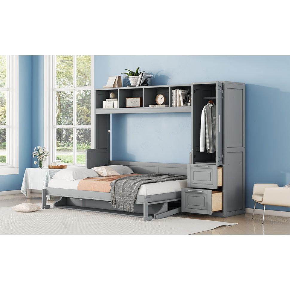 Full Size Murphy Bed Wall Bed with Closet and Drawers,Gray