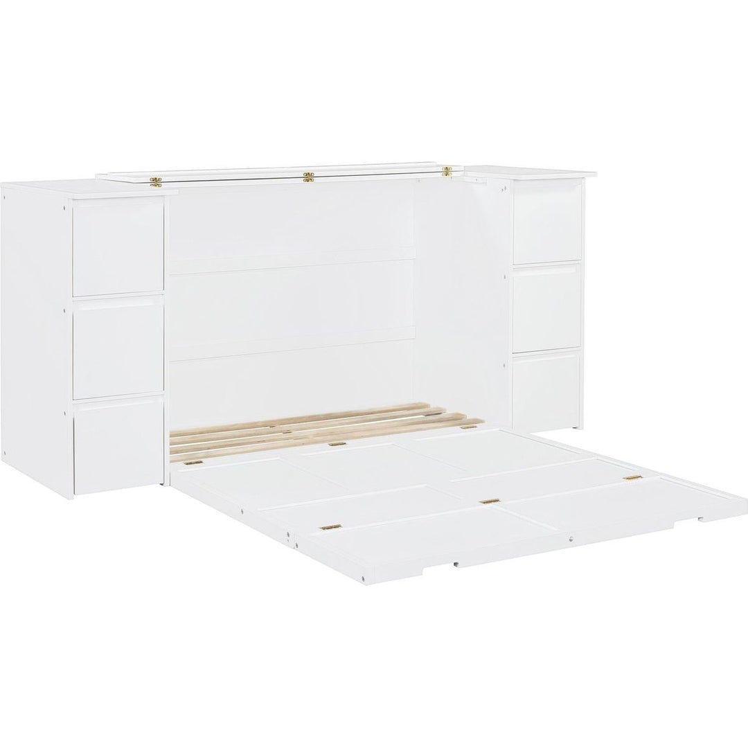 Full Size Murphy Bed with Drawers, Cabinets and USB Ports,White