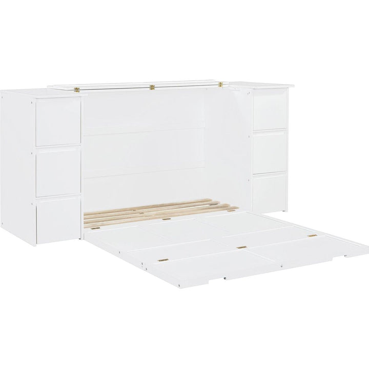 Full Size Murphy Bed with Drawers, Cabinets and USB Ports,White