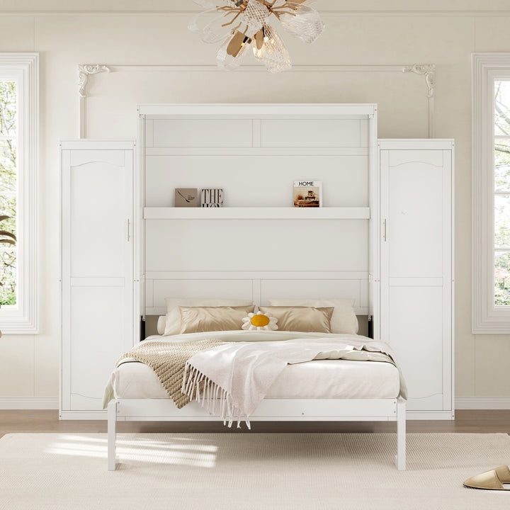 Queen Size Murphy Bed with 2 Wardrobe and Storage Shelf, Multifunctional Foldable Platform Bedframe for Guest-Room, Bedroom, White