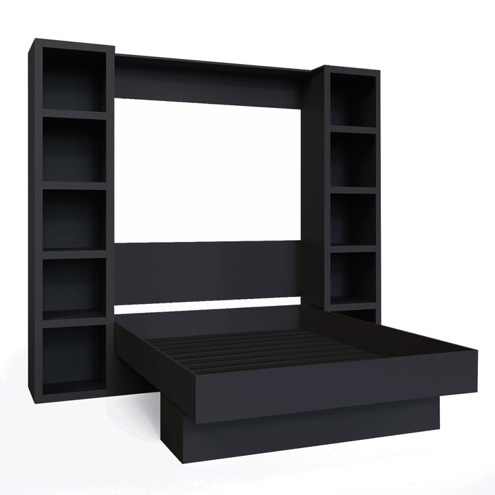 Easy-Lift Full Murphy Wall Bed in Black with Two Bookshelves