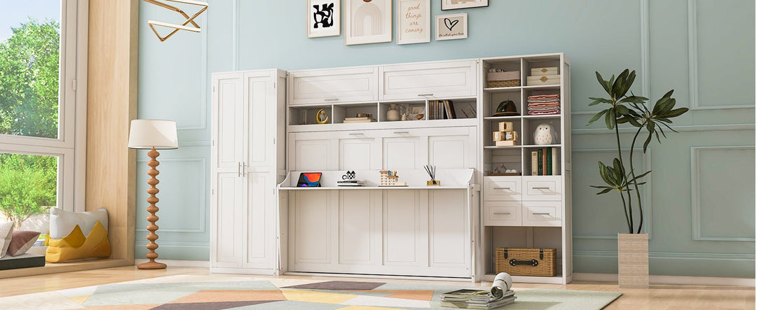 Streamdale Furniture Full Size Murphy Bed Wall Bed with Closet , Drawers and Shelves, White LP000383AAK
