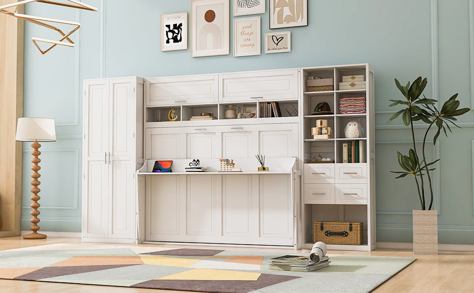 Streamdale Furniture Full Size Murphy Bed Wall Bed with Closet , Drawers and Shelves, White LP000383AAK