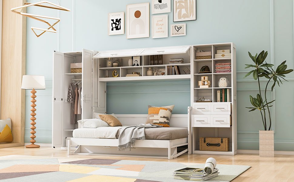 Streamdale Furniture Full Size Murphy Bed Wall Bed with Closet , Drawers and Shelves, White LP000383AAK