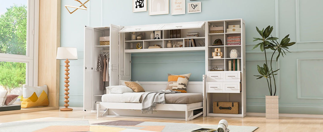 Streamdale Furniture Full Size Murphy Bed Wall Bed with Closet , Drawers and Shelves, White LP000383AAK