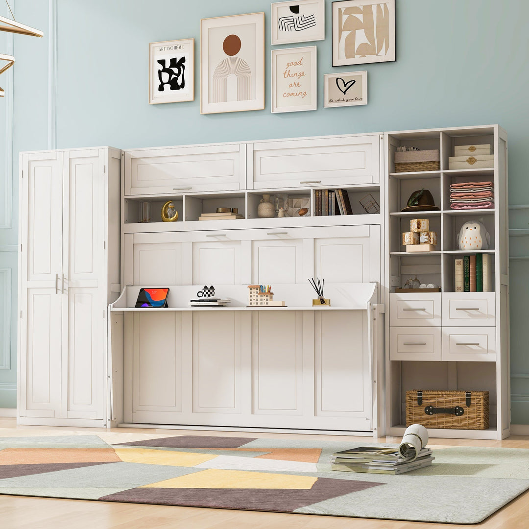 Streamdale Furniture Full Size Murphy Bed Wall Bed with Closet , Drawers and Shelves, White LP000383AAK