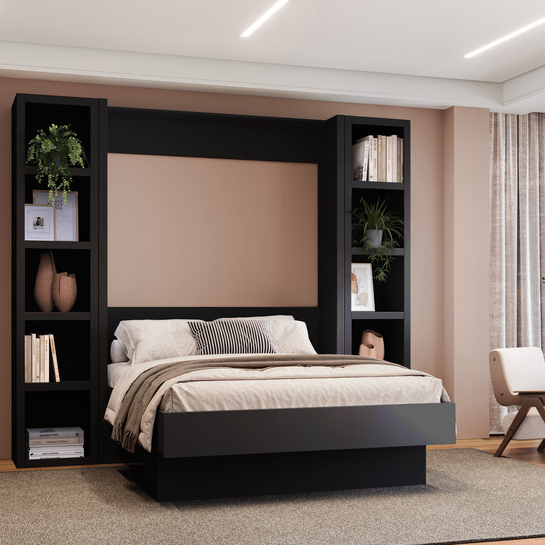 Easy-Lift Full Murphy Wall Bed in Black with Two Bookshelves