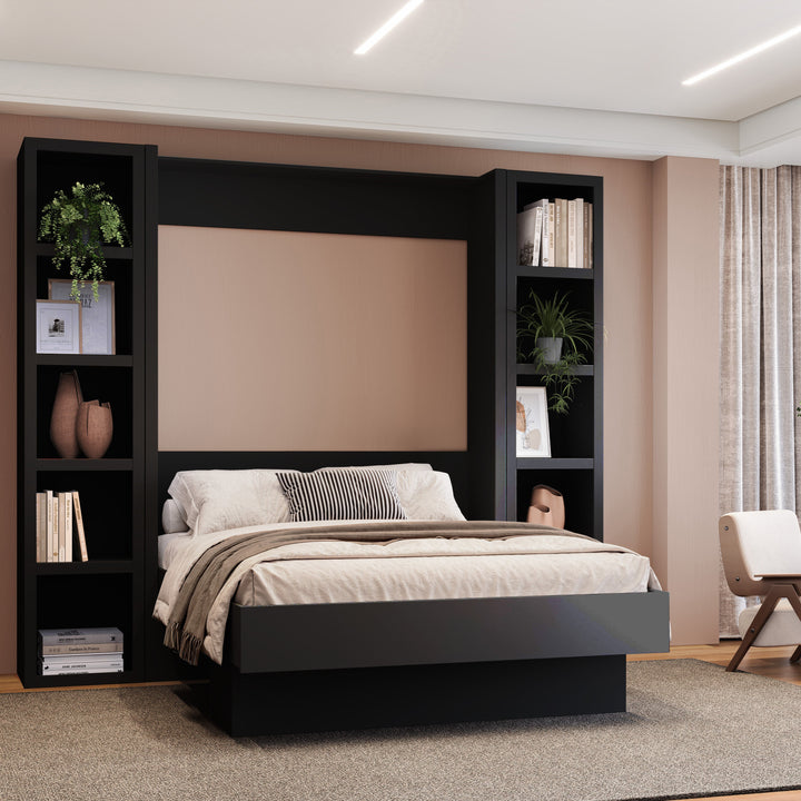 Easy-Lift Full Murphy Wall Bed in Black with Two Bookshelves