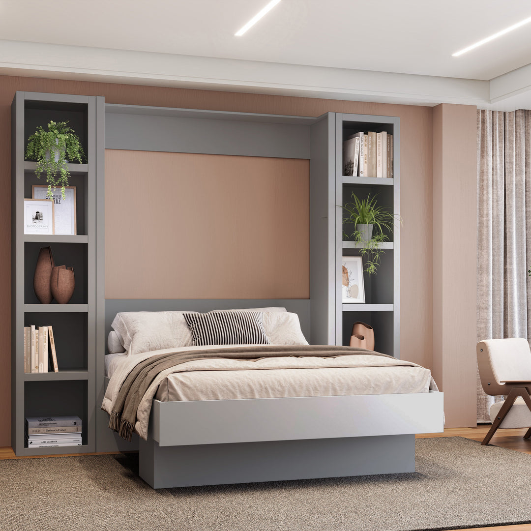 Easy-Lift Full Murphy Wall Bed in Grey with Two Bookshelves