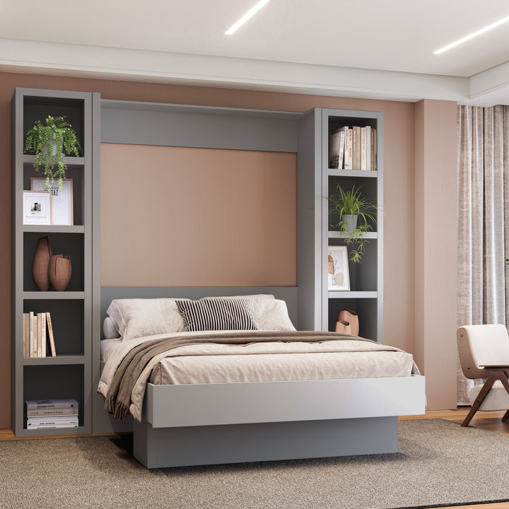 Easy-Lift Full Murphy Wall Bed in Grey with Two Bookshelves