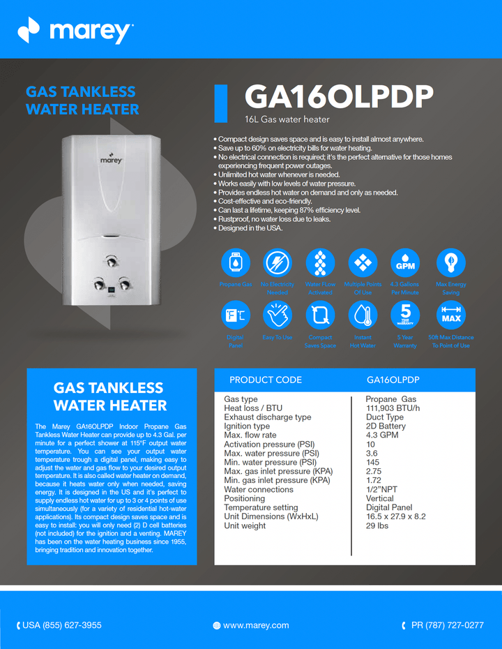 Marey Marey 16L Digital Gas Liquid Propane Tankless Water Heaters GA16OLPDP