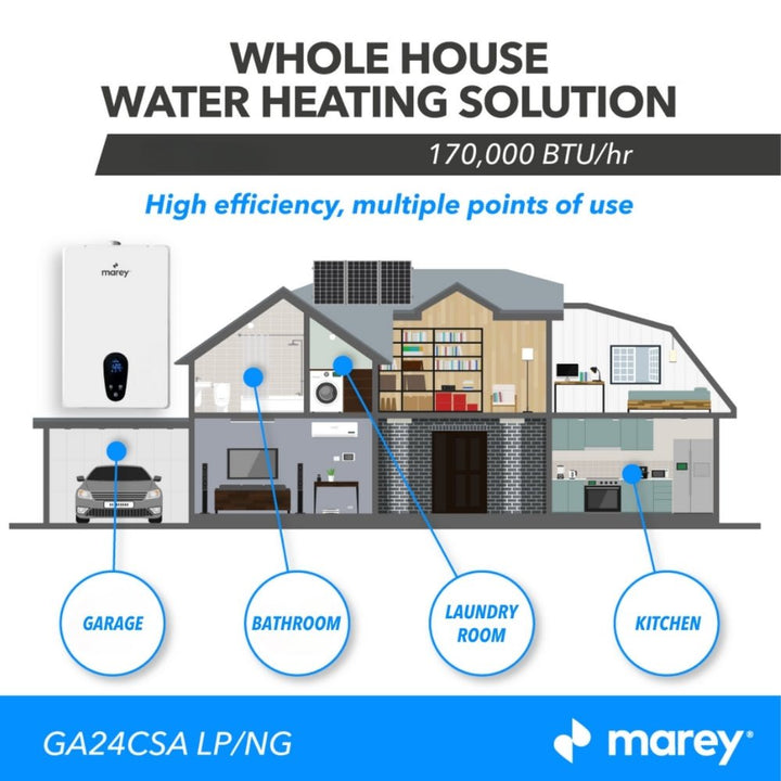 Marey Marey Tankless Water Heater Gas 24L 7.5 GPM, 170,000 BTU, Liquid Propane, CSA Certified, Indoor GA24CSALP