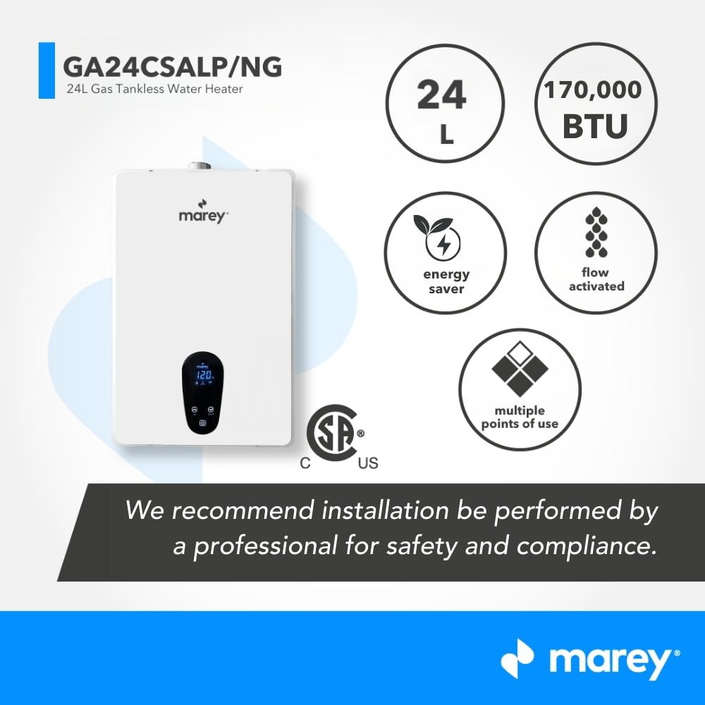 Marey Marey Tankless Water Heater Gas 24L 7.5 GPM, 170,000 BTU, Liquid Propane, CSA Certified, Indoor GA24CSALP
