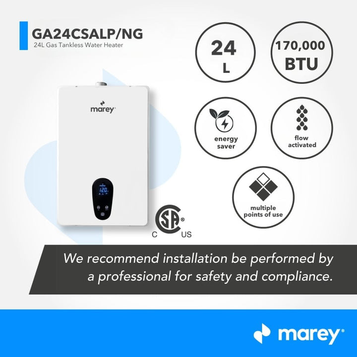 Marey Marey Tankless Water Heater Gas 24L 7.5 GPM, 170,000 BTU, Liquid Propane, CSA Certified, Indoor GA24CSALP