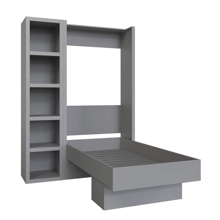 Easy-Lift Twin Murphy Wall Bed in Grey with Bookshelf