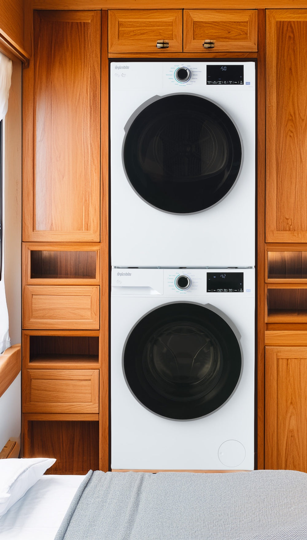 Splendide stackable washer and dryer installed in an RV bedroom closet