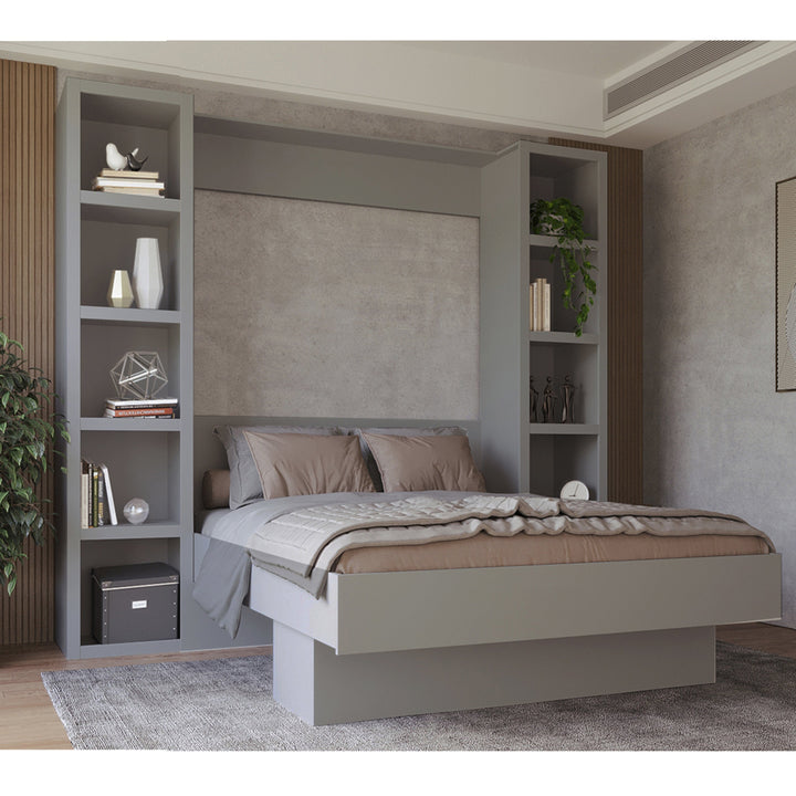Easy-Lift Queen Murphy Wall Bed in Grey with Two Bookshelves