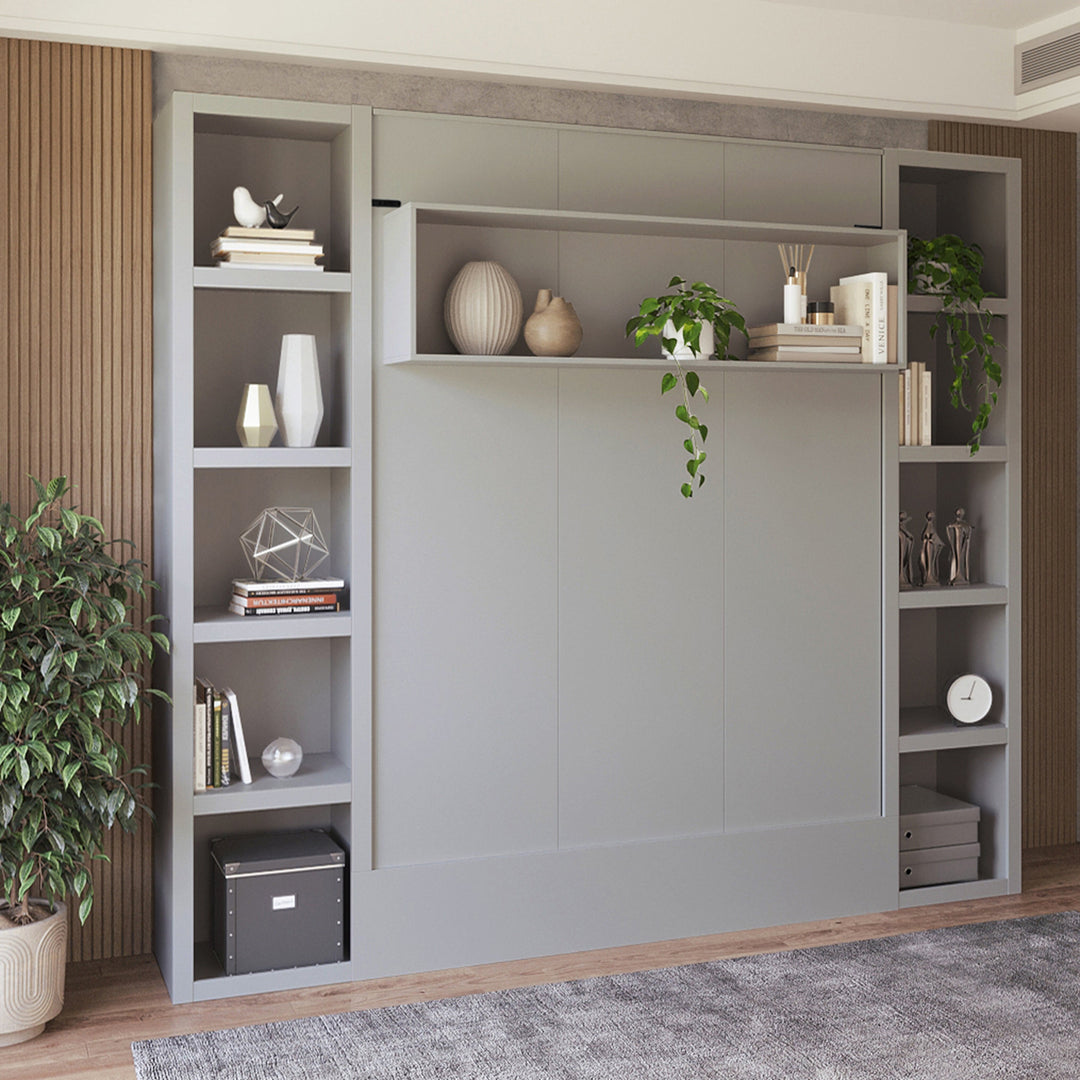 Easy-Lift Queen Murphy Wall Bed in Grey with Two Bookshelves