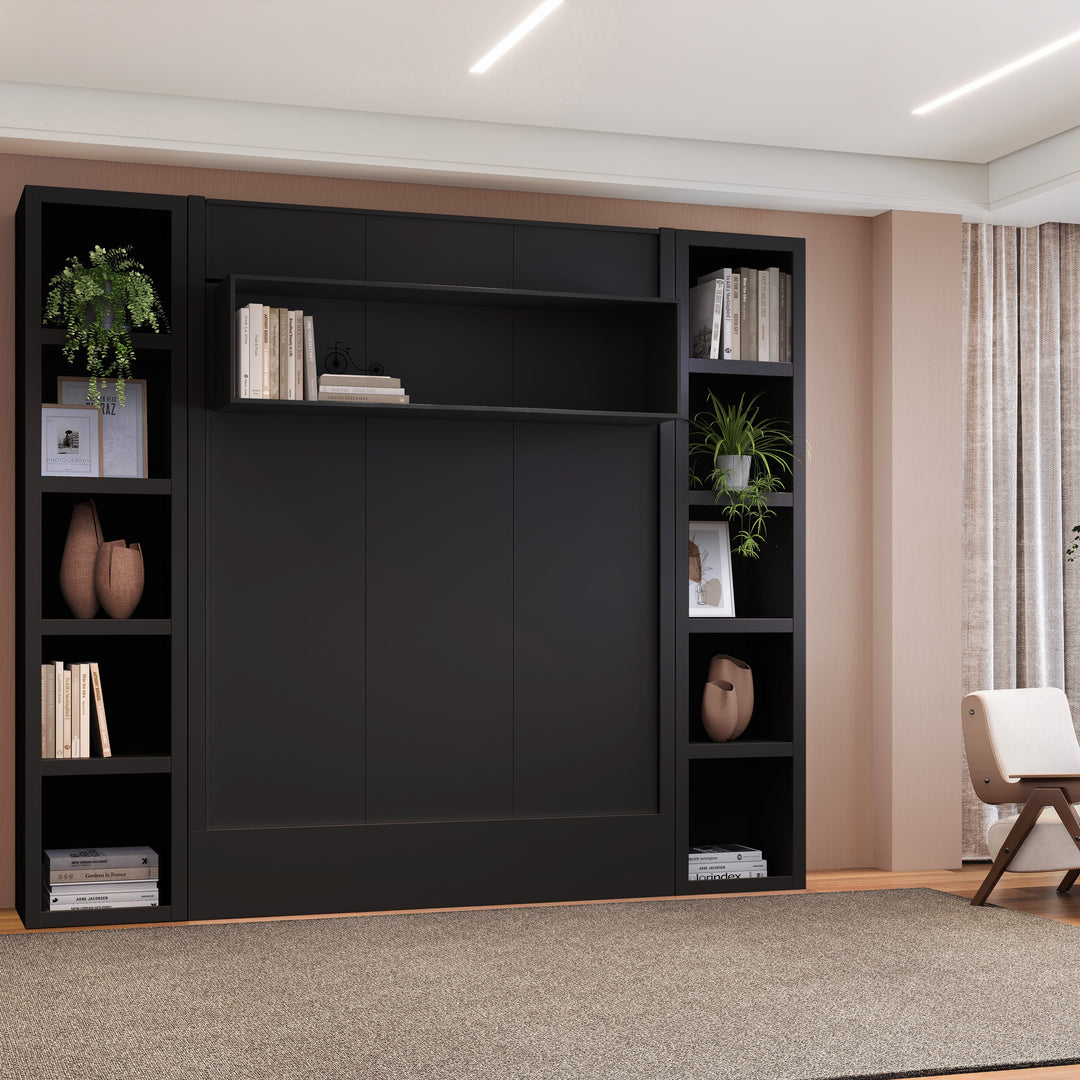 Easy-Lift Full Murphy Wall Bed in Black with Two Bookshelves