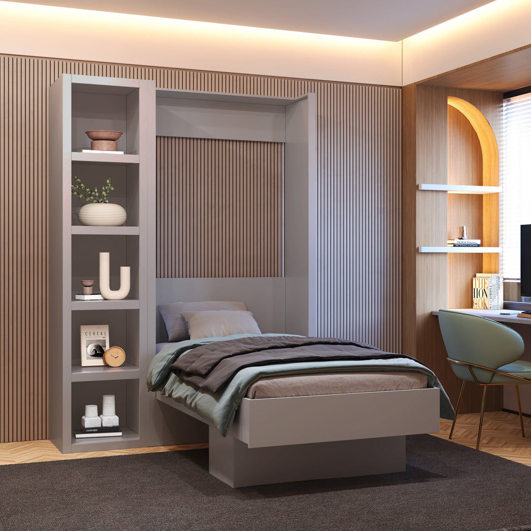 Easy-Lift Twin Murphy Wall Bed in Grey with Bookshelf