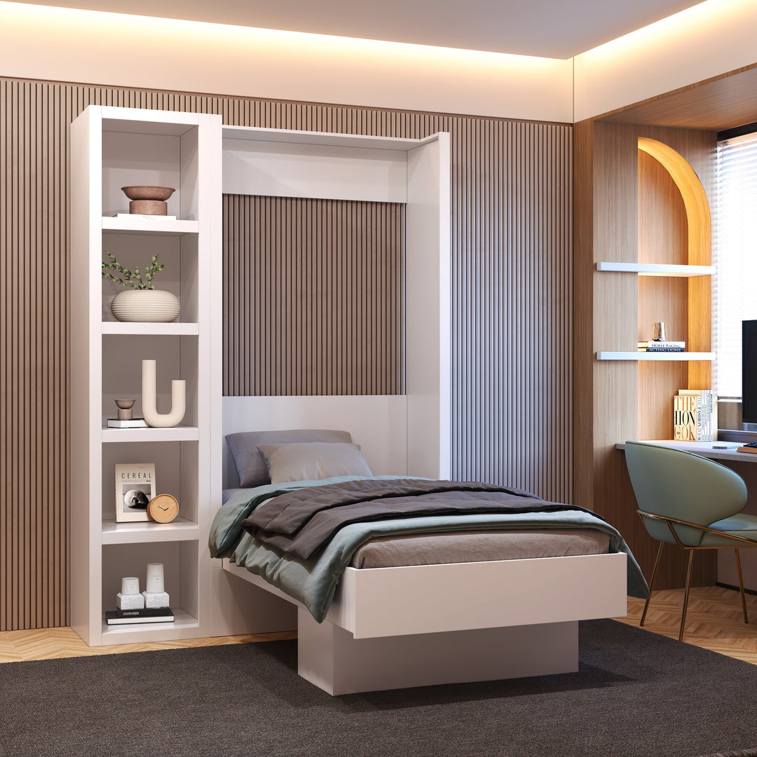 Easy-Lift Twin Murphy Wall Bed in White with Bookshelf
