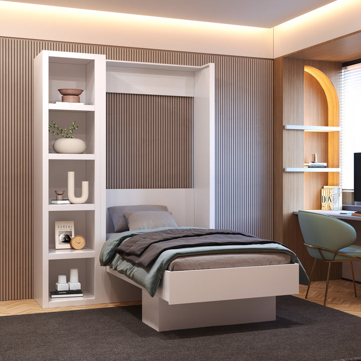 Easy-Lift Twin Murphy Wall Bed in White with Bookshelf